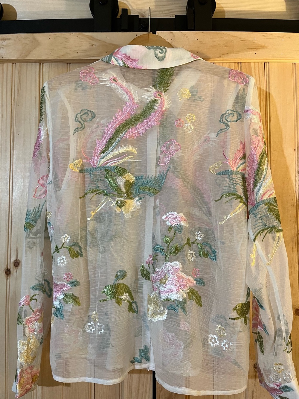 Sheer Embroidered Button-Up Blouse in Multicolor Floral - Picture 2 of 8